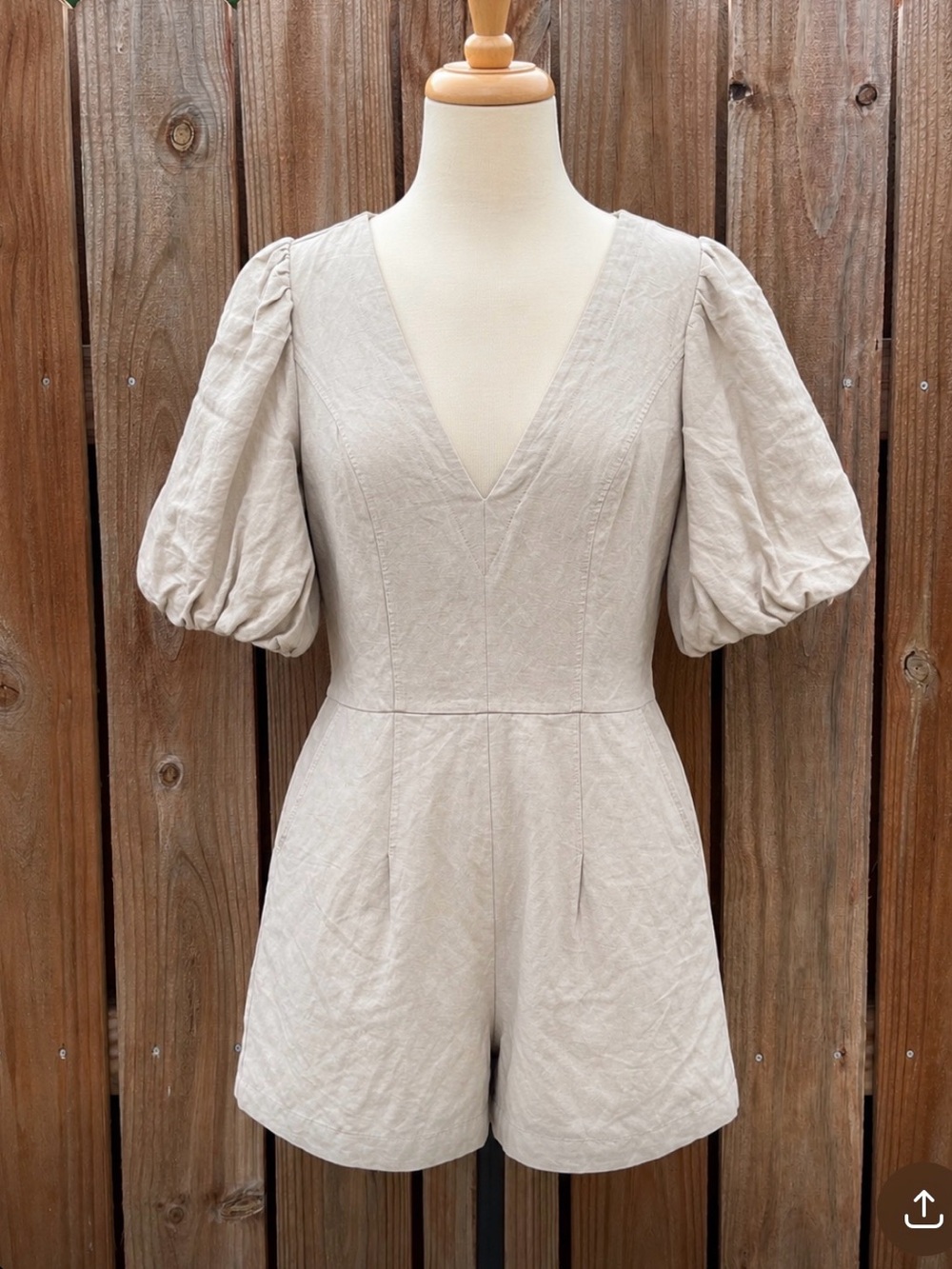 Express Puff Sleeve V-Neck Linen Romper in Light Beige with Pockets